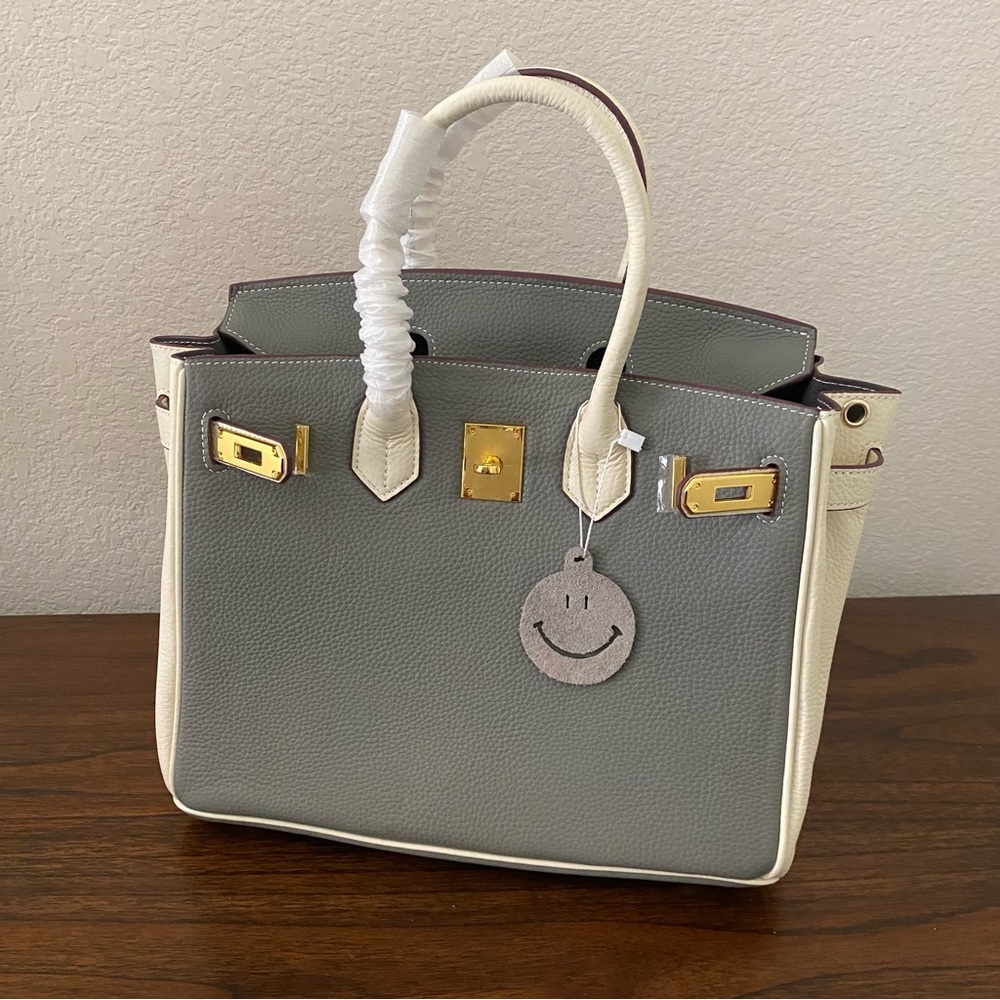 Gray White Colorblock 30 BK Structured Lock Key Doctor Satchel Bag Crossbody S9 - Picture 11 of 14